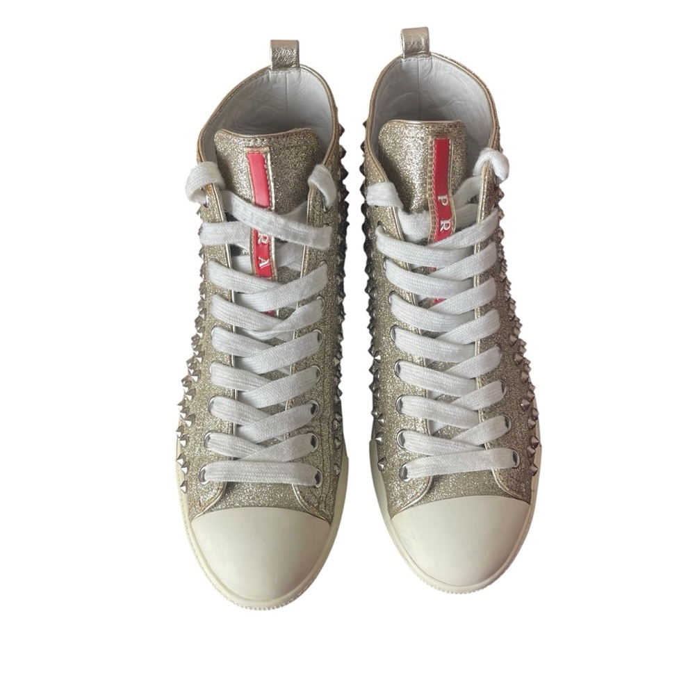 PRADA Glitter Leather Spiked High Top Sneakers Size 5.5/36 - Picture 4 of 10